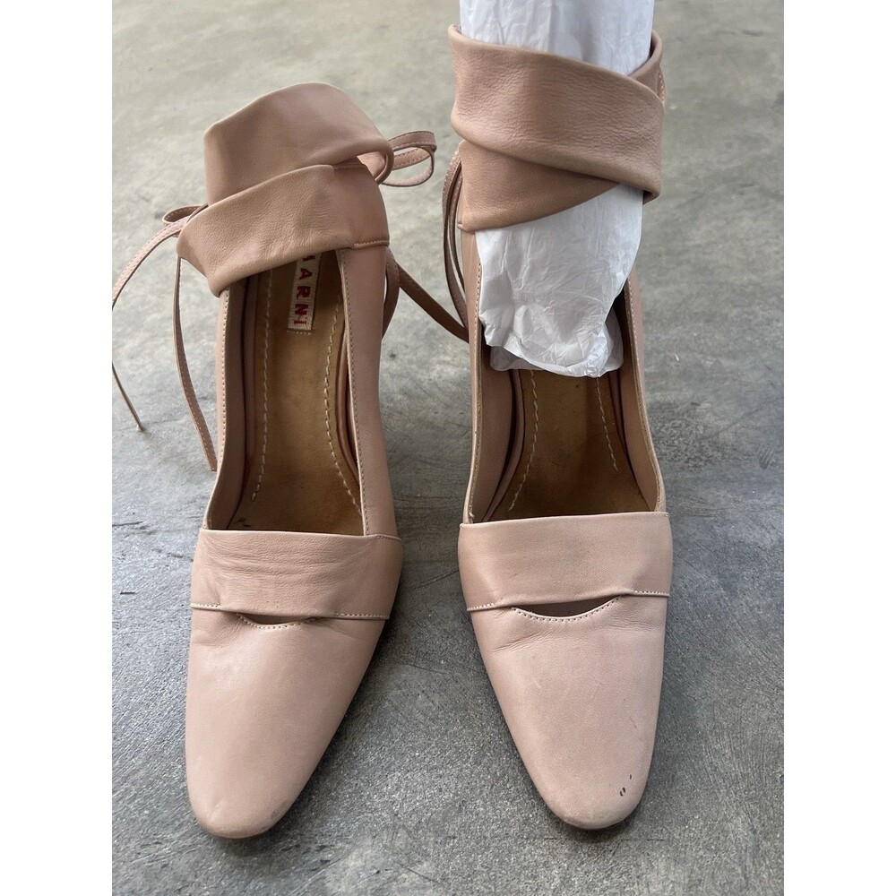Marni Sz 37 Italy Stiletto Pump Heel Balletcore Ankle Wrap Ties Leather Keyhole